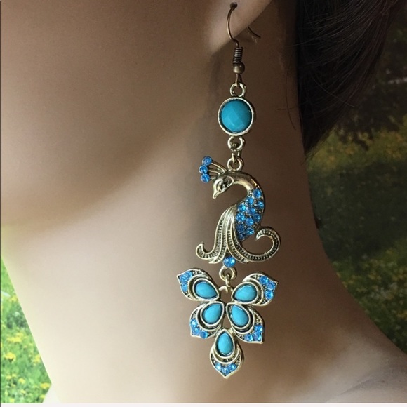 Peacock Earrings Blue And Bronze - Picture 2 of 6